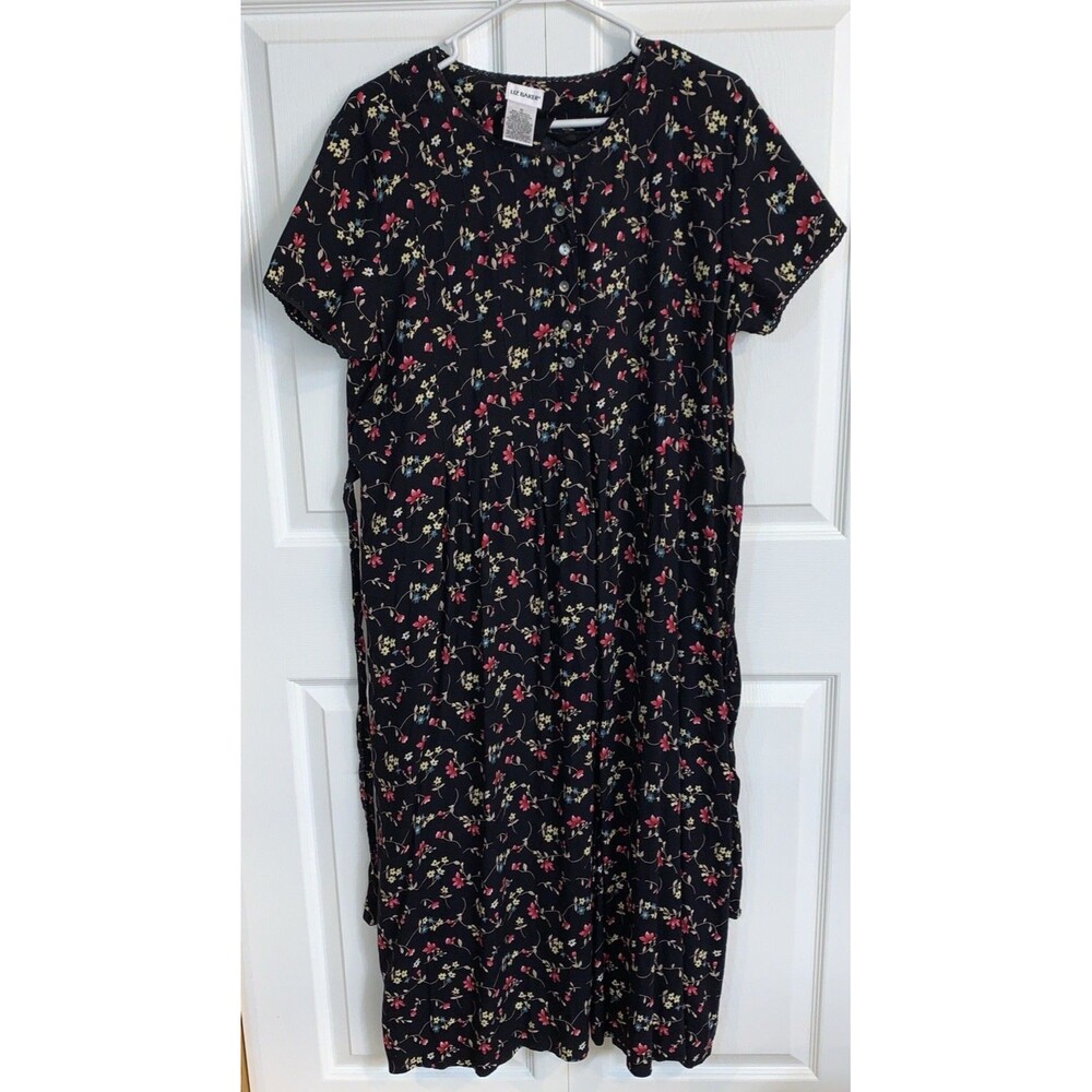 Liz Baker Maxi Dress Women’s 16 Dark Floral Pleated Tie Back MOP Buttons Cottage